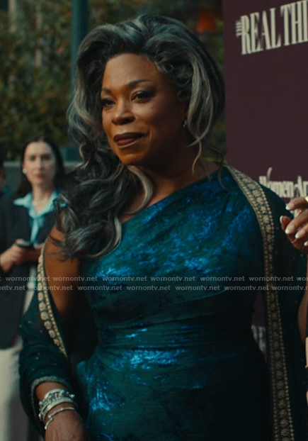 Catherine's blue floral metallic dress on The Better Sister