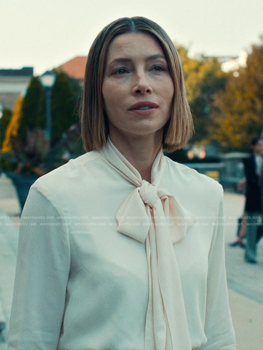 Chloe's pink tie neck blouse on The Better Sister