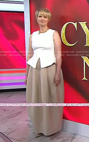 Cynthia Nixon's white peplume top and beige balloon skirt on Today