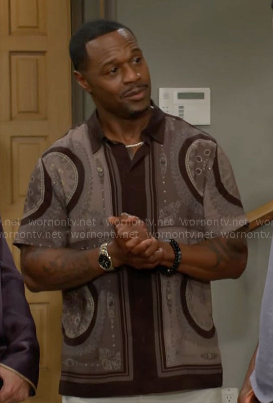 Damian's brown and black printed shirt on The Young and the Restless