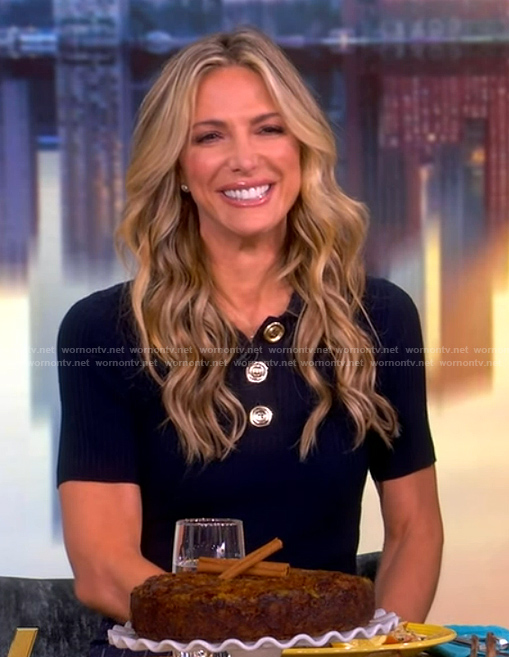 Debbie Matenopoulos's navy sweater and pinstripe mini skirt on The View