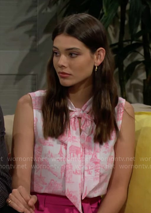 Electra's pink printed tie-neck top on The Bold and the Beautiful
