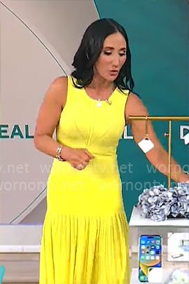 Elizabeth Werner's yellow pleated drop waist dress on CBS Mornings