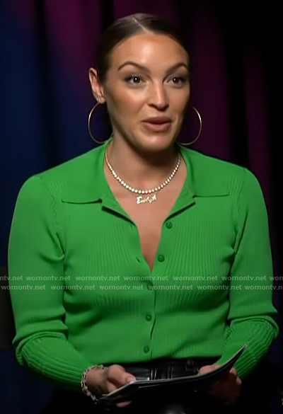Emily Orozco's green ribbed cardigan on Access Hollywood