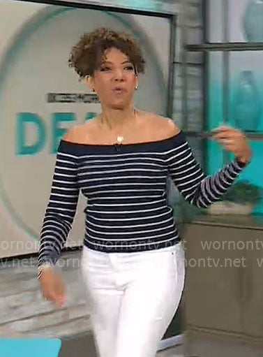 Gabrielle Kerr's navy striped off-shoulder top on CBS Mornings