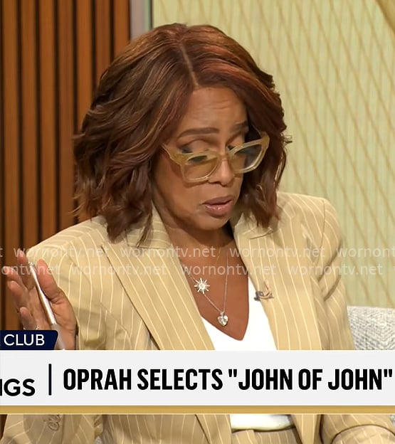 Gayle King's beige pinstripe suit on CBS Mornings