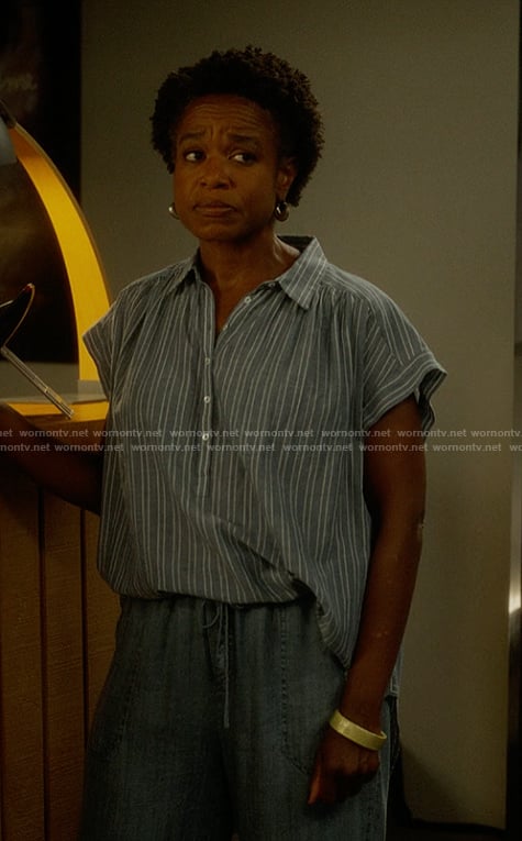 Grace's blue striped top on And Just Like That