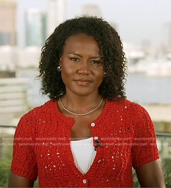Janai's red crochet short sleeve cardigan on Good Morning America
