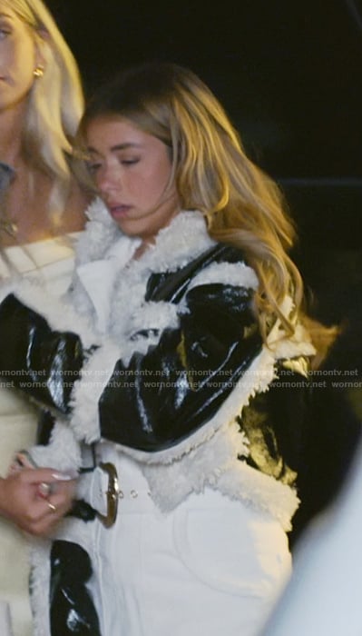Jen's black leather jacket with shearling trim on The Secret Lives of Mormon Wives