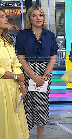 jenna's navy tie neck top and check skirt on Today