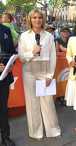 Jenna's ivory fringe hem satin shirt and pants on Today