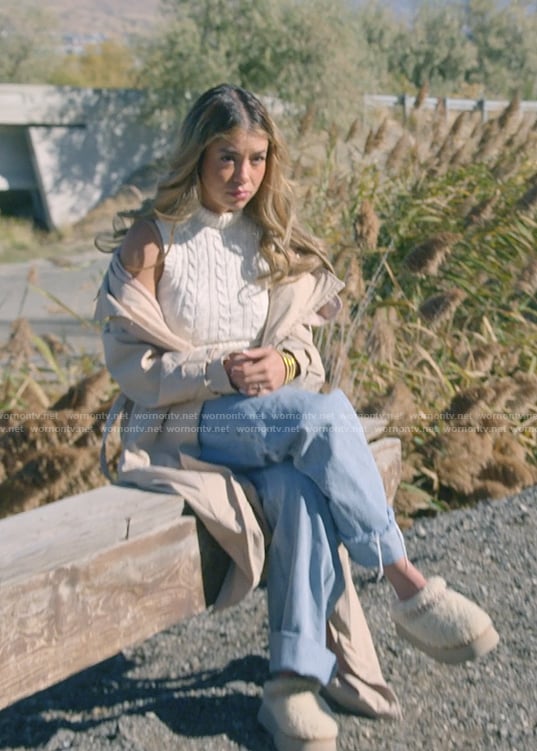 Jen's white cable knit vest on The Secret Lives of Mormon Wives