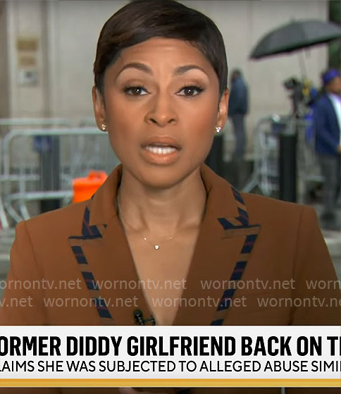 Jericka Duncan's brown striped-trim blazer on CBS Mornings
