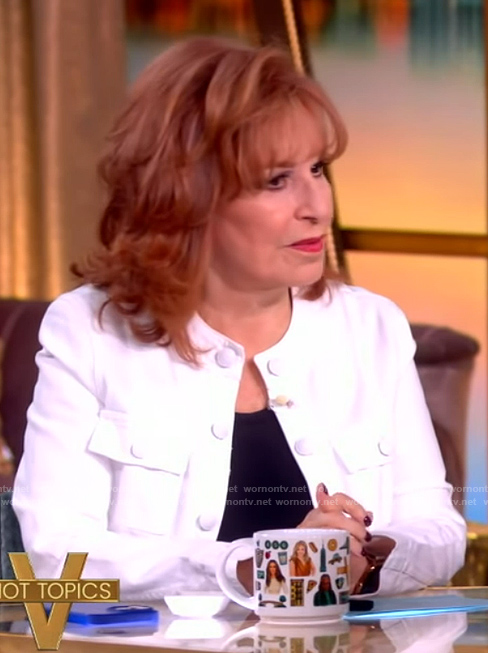 Joy's white collarless jacket on The View