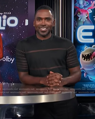 Justin's black sheer stripe tee on E! News