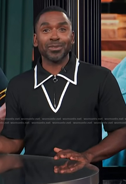 Justin's black contrast collar shirt on E! News