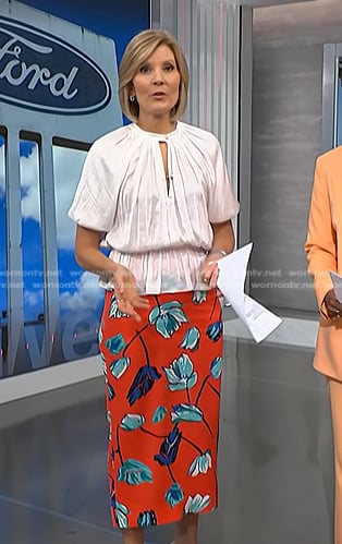 Kate's white keyhole top and red floral skirt on NBC News Daily