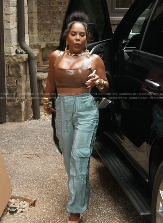 Kelli's brown leather crop top and pants on The Real Housewives of Atlanta