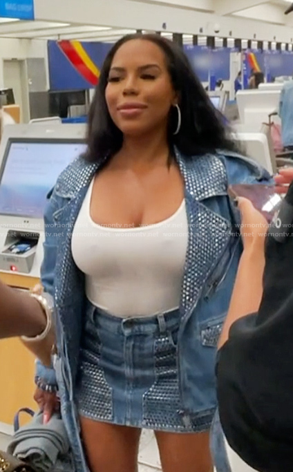 Kelli's denim embellished jacket and mini skirt on The Real Housewives of Atlanta