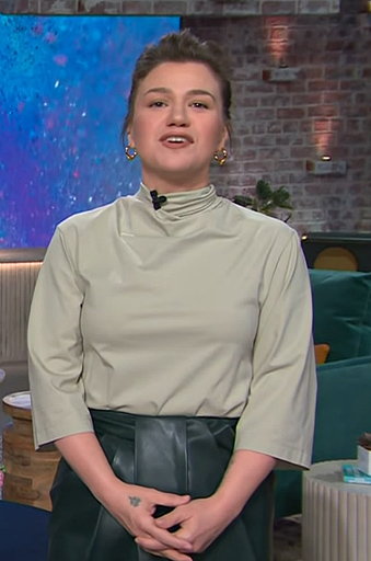 Kelly's mock neck top and leather skirt on The Kelly Clarkson Show