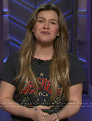 Kelly's black Mysterious Force graphic tee on The Kelly Clarkson Show