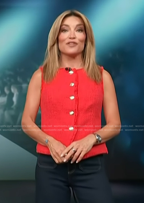 Kit's red button front tweed vest on Access Hollywood