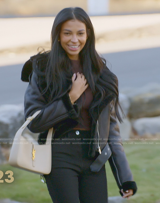 Layla's black leather jacket on The Secret Lives of Mormon Wives