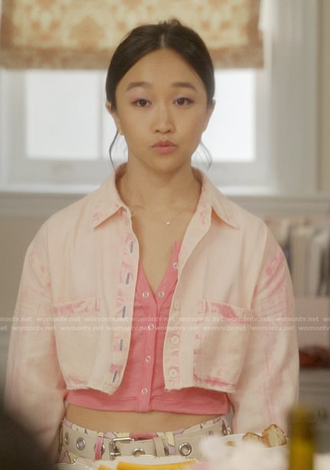 Lily's pink cropped denim jacket on And Just Like That