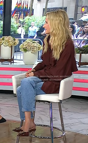 Mamie Gummer's brown patent mules on Today