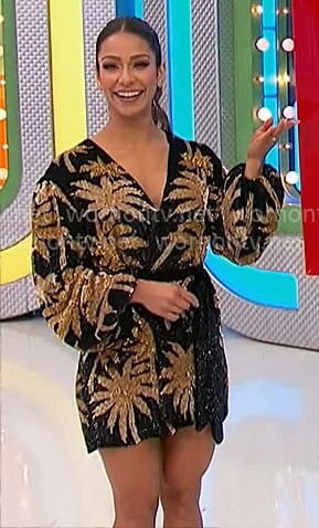 Manuela's black and gold palm tree wrap dress on The Price is Right