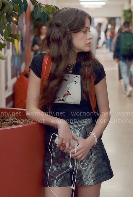 Maxine's black comic graphic tee and metallic shorts on Ginny & Georgia