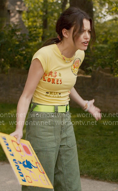 Maxine's yellow printed top and green striped pants on Ginny & Georgia
