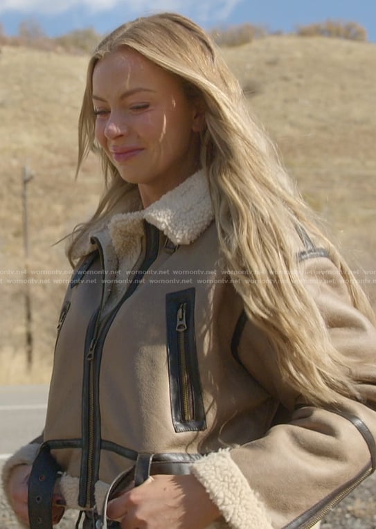Mayci's suede shearling jacket on The Secret Lives of Mormon Wives