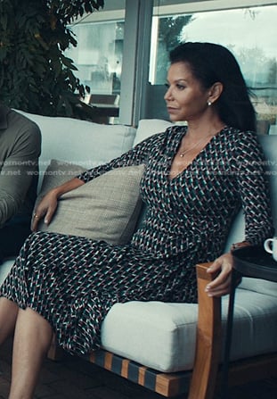 Michelle's black print wrap dress on The Better Sister