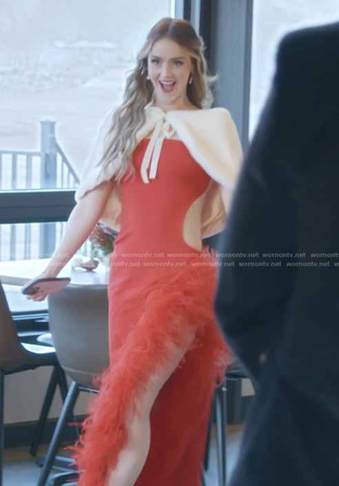 Mikayla's red feather trim dress on The Secret Lives of Mormon Wives