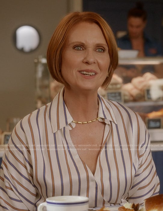 Miranda's striped shirtdress on And Just Like That
