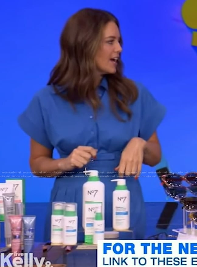 Monica Mangin's blue belted jumpsuit on Live with Kelly and Mark