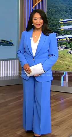 Nancy Chen's blue blazer and wide-leg pants on CBS Evening News