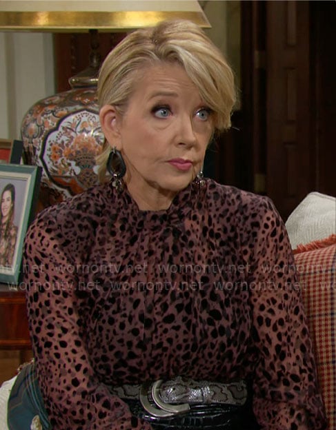 Nikki's pink dotted blouse on The Young and the Restless