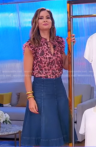 Rebecca's pink print pleated top and denim skirt on Good Morning America