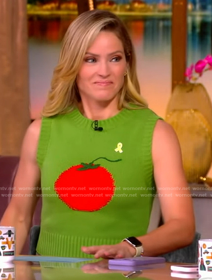 Sara's tomato knit vest and floral skirt on The View