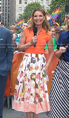 Savannah's orange polo and floral print skirt on Today