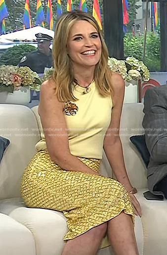 Savannah's yellow sleeveless top and metallic embellished skirt on Today