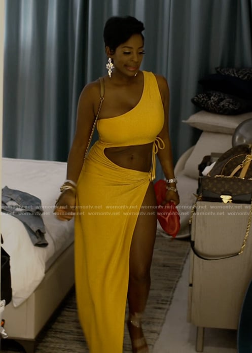 Shamea's yellow cutout one shoulder maxi dress on The Real Housewives of Atlanta