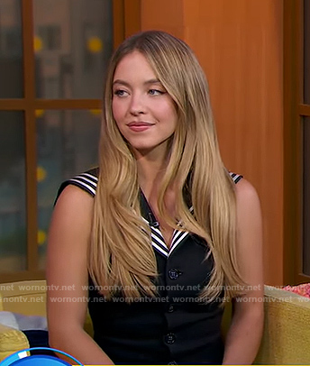 Sydney Sweeney's black stripe collar top and skirt on Good Morning America