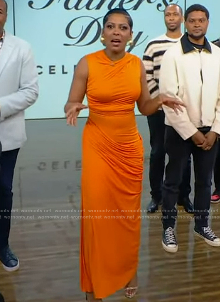 Tamron's orange gathered dress on Tamron Hall Show