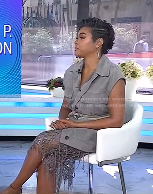 Taraji P. Henson's grey flap pocket vest and fringe dress on Today