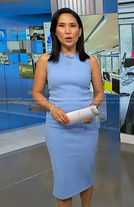 Vicky's blue ribbed sleeveless dress and pumps on NBC News Daily