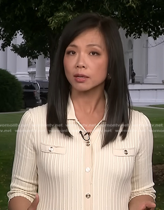 Weijia Jiang's ivory ribbed dress on CBS Evening News