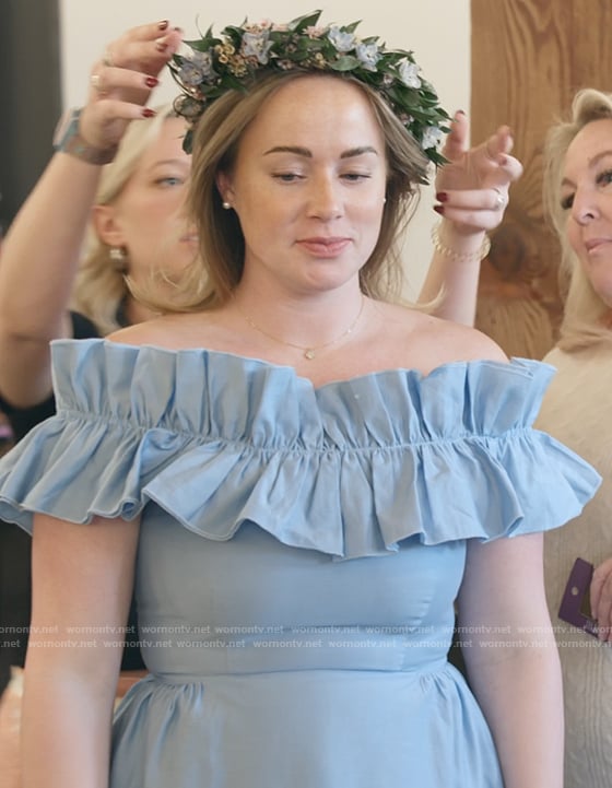 Whitney's blue ruffle off shoulder dress on The Secret Lives of Mormon Wives